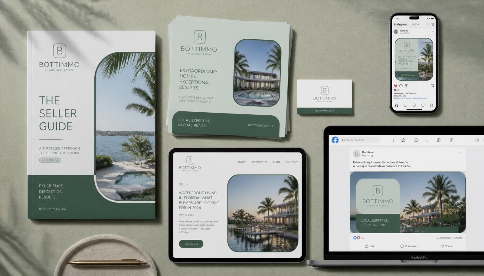 Real estate marketing materials: printed seller guide, flyers, business card next to a phone showing a social post and a tablet with a blog article, all in one branded design