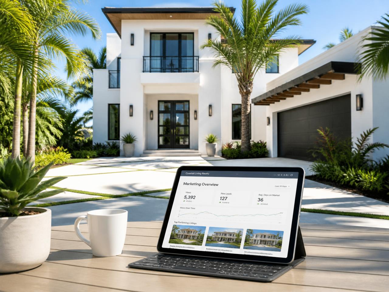 Modern Florida home with a BOTTIMMO marketing dashboard on a tablet