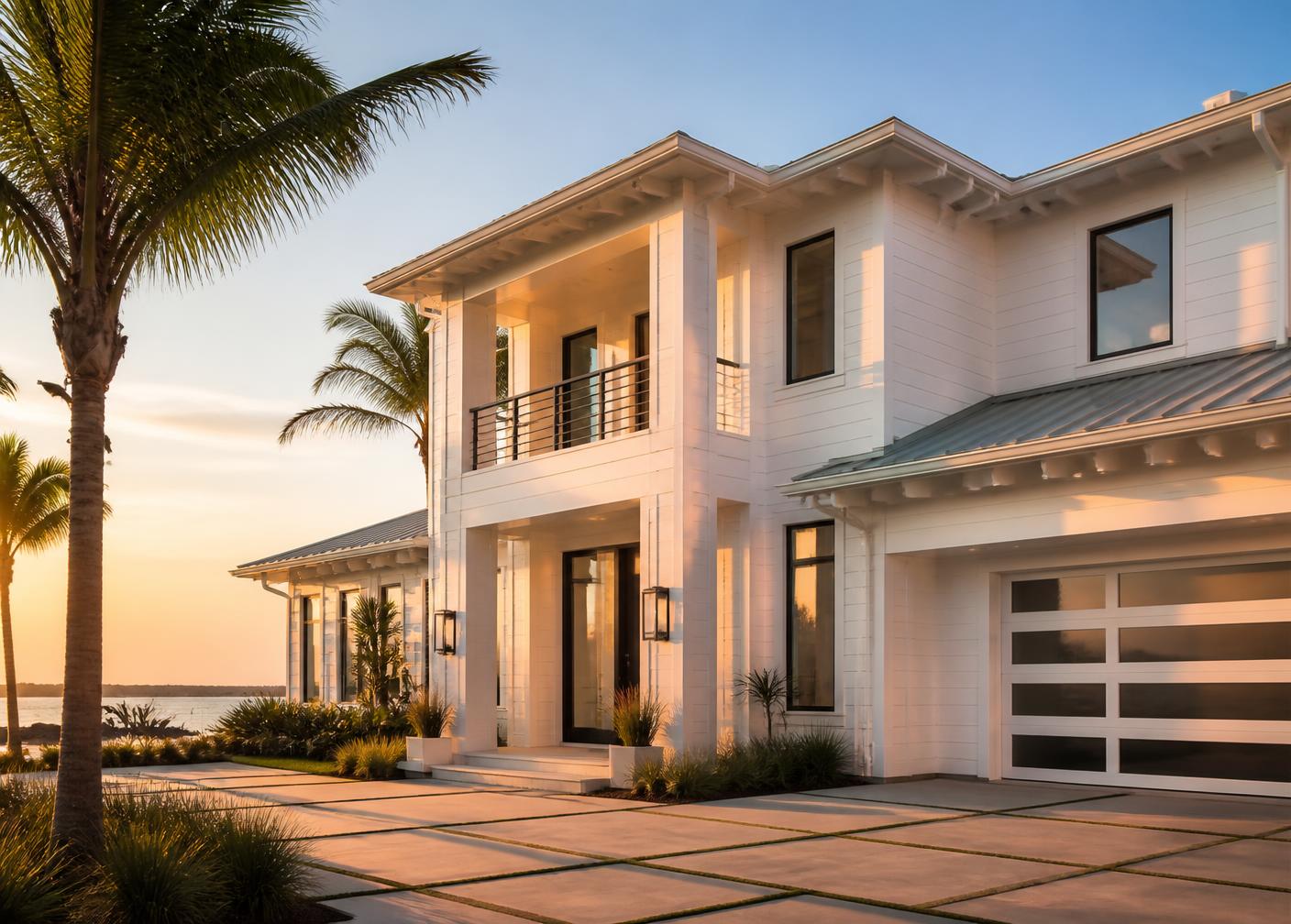 Modern Florida coastal home at golden hour