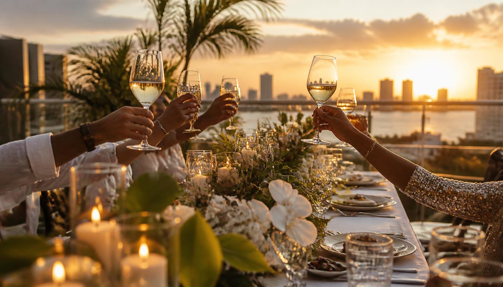 Celebration dinner on a Miami rooftop terrace at sunset, glasses raised in a toast